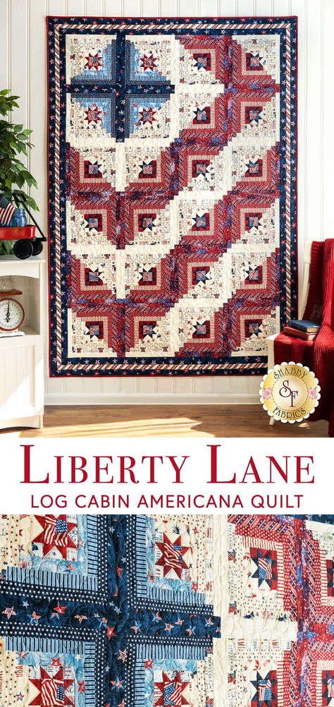 Show your patriotism with this beautiful twist on the classic barn-style log cabin design! Designed by Kathy Kuryla and made with bright and beautiful fabrics from the Liberty Lane collection by Wilmington Prints, this stunning ‘flag’ quilt will look great in your home year-round! A wonderful example of a Quilt of Valor®, which represents a “thank you for your service and sacrifice in serving our nation.” Makes a great gift for Service Members and Veterans who have been touched by war. Americana Quilt, Patriotic Projects, Log Cabin Designs, Flag Quilt, Laser Cut Kit, Patriotic Quilts, Quilt Of Valor, Log Cabin Quilts, Quilted Gifts