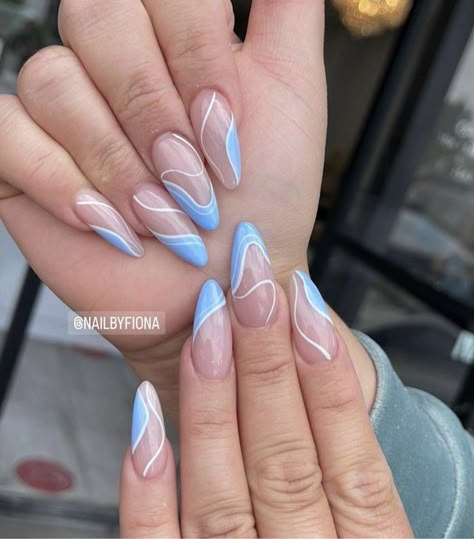 Light Blue Almond Acrylic Nails With Design, Fancy Light Blue Nails, White And Blue Nails Almond Shape, Light Blue Nail Ideas Acrylic Almond, Light Blue Nail With Design, Nails For Prom Light Blue, Cute Light Blue Nails Almond, Trendy Blue Nails Almond, Trendy Light Blue Nails