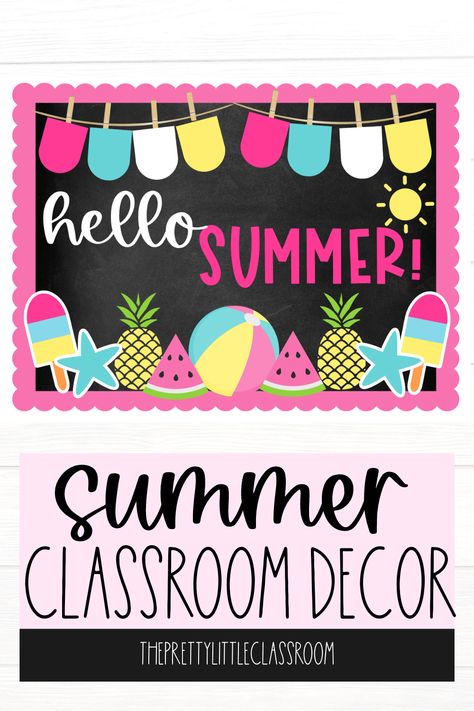 Take a simple approach to decorating your classroom in the last couple of months before summer with this Hello Summer Bulletin Board Kit. Happy Shopping! #classroomdecor #bulletinboard #summerclassroom #theprettylittleclassroom Summer Themed Crafts, Boarders For Bulletin Boards, Summer Bulletin Board, Summer Door Decorations, Bulletin Boards Theme, Summer Plan, Summer Camp Themes, Summer Bulletin Boards, Cute Bulletin Boards