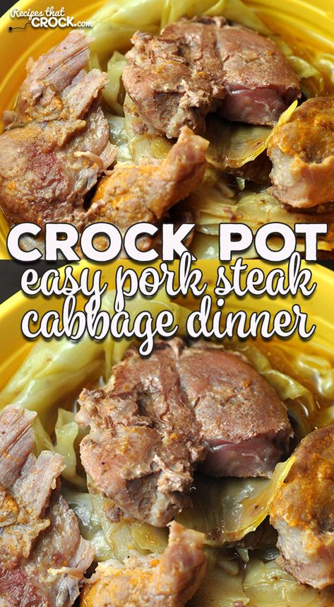 If you are looking for a truly easy one-pot meal, this Easy Crock Pot Pork Steak Cabbage Dinner is just what you need! Simple and delicious! Crockpot Pork Steaks, Steak Cabbage, Crockpot Cabbage Recipes, Pork Crock, Pork Steak Recipe, Crock Pot Pork, Pot Roast Crock Pot Recipes, Crockpot Pork Chops, Pork And Cabbage