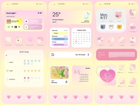 #homescreen #iphone #android #layout #cute #aesthetics #gradient #screensetup #setup #phone Android Phone Setup, Pink Phone Layout, Android Layout, Ios Customization, Pink Homescreen, Cute Aesthetics, Notion Ideas, Phone Setup, Homescreen Ideas