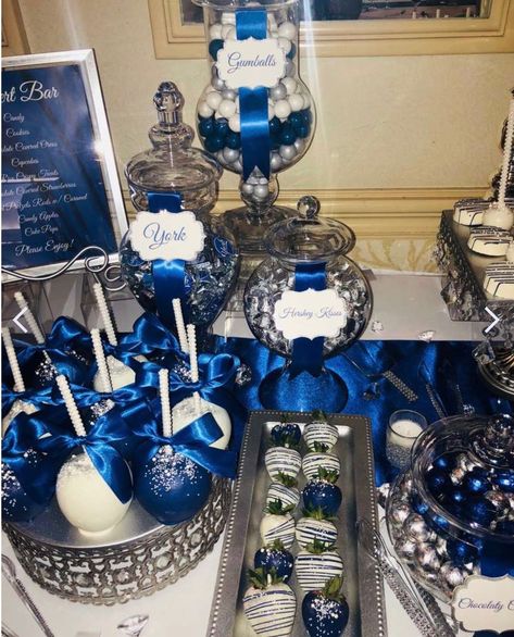 Blue Silver And White Wedding, 15 Party Ideas Quinceanera, Silver And White Wedding, Royal Blue Wedding Theme, White Wedding Party, Royal Blue Quince, Blue Sweet 16, Sweet 15 Party Ideas Quinceanera, Sweet 15 Party Ideas