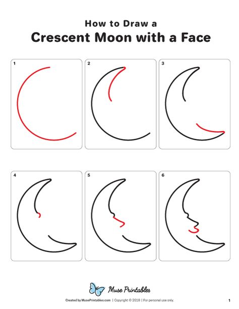 Learn how to draw a crescent moon with a face with this step by step tutorial. Download a printable version of this tutorial at https://museprintables.com/download/how-to-draw/how-to-draw-a-crescent-moon-with-a-face/ How To Draw A Moon Crescent, How To Draw A Moon Easy, Draw Moon Easy, Crescent Moon Drawing Simple, How To Draw A Crescent Moon, How To Draw The Moon, How To Draw A Moon, How To Draw Moon, Draw A Moon