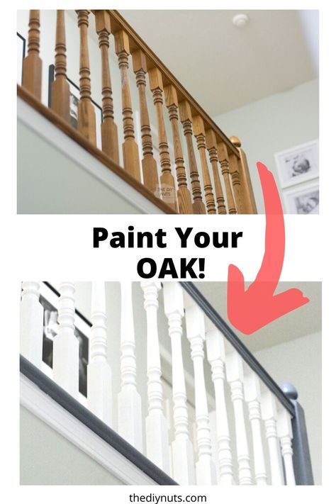 Stairway Makeover Diy, Banisters And Railings Makeover Paint, Paint Stairway Railing, Painted Wood Railing Stairways, Painting Bannister Ideas, Stair Railing Before And After, Steel Headboard Ideas, Paint Bannister Ideas, How To Refinish Stair Banister