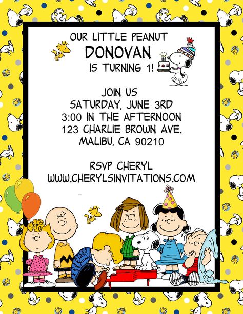 Peanuts Birthday Party and Event Invitation Snoopy Birthday Invitations, Peanuts Birthday Party, Snoopy Characters, Peanuts Birthday, Snoopy Birthday, Peanuts Cartoon, Party Invitations Kids, Unique Invitations, Message In A Bottle