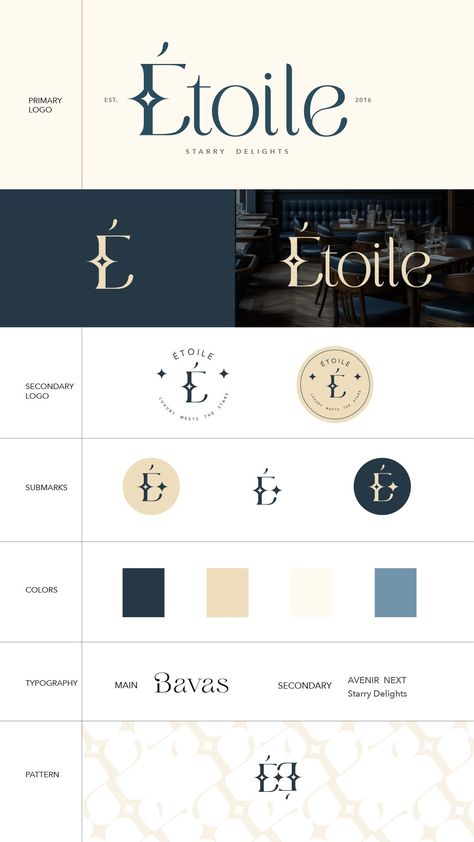 toiles elegant branding captures the essence of French luxury with refined typography soft colors and starinspired elements The sophisticated logo and pattern evoke an exclusive celestial dining experience while the tagline Starry Delights reflects the restaurants luxurious and enchanting atmosphere. #LuxuryLogoDesign #LogoInspiration #LuxuryBranding #LogoDesignIdeas #LuxuryDesign Luxury Logo Ideas Branding, Celestial Packaging Design, Logo And Tagline Design, Elegant Typography Logo, Sophisticated Brand Identity, Elegant Restaurant Branding, French Restaurant Logo, Luxury Branding Design Visual Identity, Celestial Logo Design