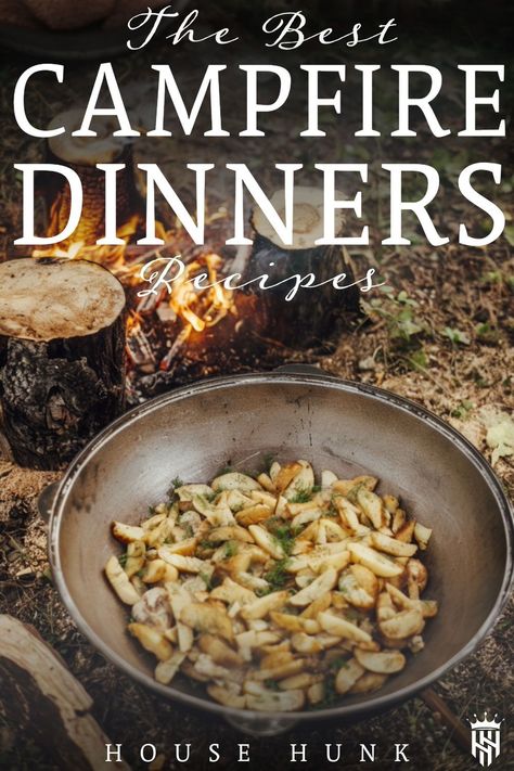 Looking for tasty campfire dinner recipes? Whether you are looking for campfire foil packets, campfire nachos, or a great chili mac recipe, you've come to the right place! Here are the best camping dinner recipes, to cook over the fire, or on the grill.  Tap to see more recipes and cooking inspiration from House Hunk + Fatherhood at Its Finest One Pan Campfire Meals, Cooking On Fire Campfires, Best Campfire Recipes, Over The Fire Dinner Ideas, Cooking On A Campfire, Fire Dinner Ideas, Soups Over Campfire, Cowboy Campfire Cooking, Glamping Dinner Ideas