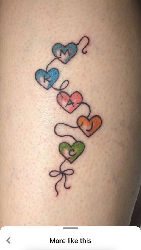 Tattoo For Grandkids Ideas, Heart Strings Tattoo, Tattoo For 5 Kids, 5 Hearts Tattoo Family, Tattoos For Grandkids, String Of Hearts Tattoo, Grandchild Tattoo Ideas, Tattoos For Grandchildren, Grandchildren Tattoo Ideas Grandmothers