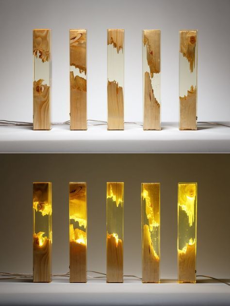 Handcrafted by artist & graphic designer Ioan Stanean of Guideco Design, these classy transparent #lamps are made of pine wood & transparent epoxy resin. They provide delightful illumination & also adds a unique, contemporary touch to any interior. #lighting #tablelamp #liveedgelamp Seni Resin, Hantverk Diy, Into The Wood, Wood And Resin, Lampe Decoration, Resin Furniture, Epoxy Floor, Wooden Lamp, Wood Lamps