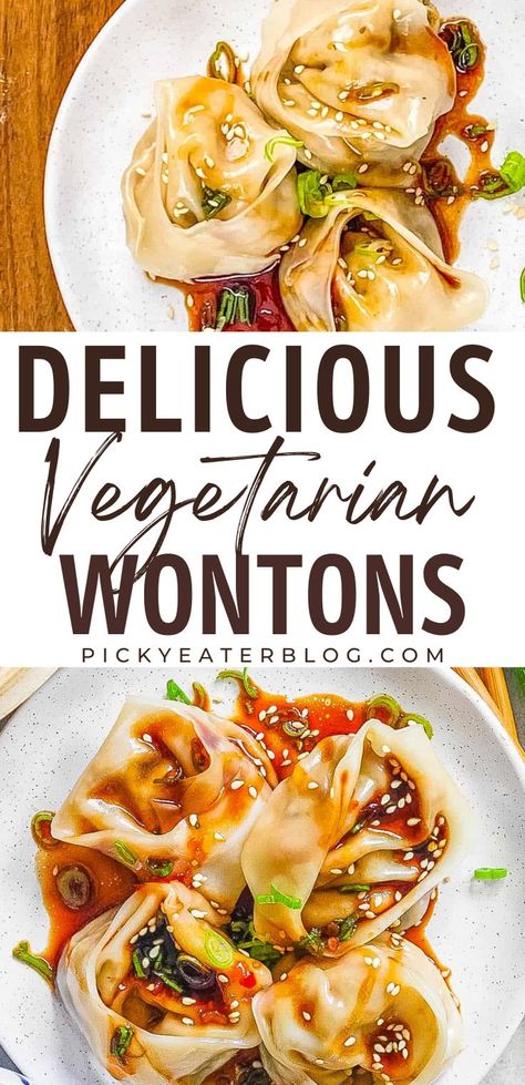 This Vegetarian Wonton Recipe is filled with delicious Asian inspired ingredients including tofu, cabbage, carrots, ginger, mushrooms, and spring onions and served with a soy and sweet chili dipping sauce. Wrapping wontons is easier than you think, and you’ll be ready to serve this simple appetizer or light dinner in just 30 minutes! Wonton Filling Recipes, Vegetarian Wonton, Chili Dipping Sauce, Wonton Recipe, Wonton Appetizers, Wonton Wrapper Recipes, Vegetarian Asian, Sweet Chili Dipping Sauce, Asian Appetizers