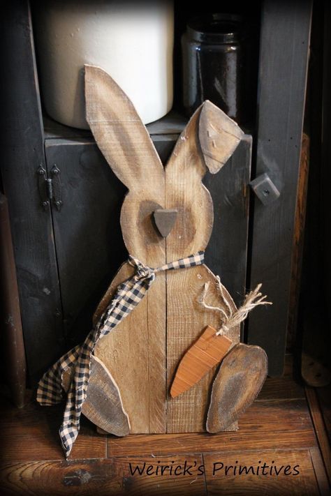 Easter Wood Crafts Free Pattern, Bunny Wood Crafts, Wood Bunny Crafts, Spring Wood Projects, Wood Rabbits Diy, Wooden Bunny Crafts Diy Wood, Pallet Bunny, Easter Primative Crafts, Wooden Rabbits Diy Wood Crafts