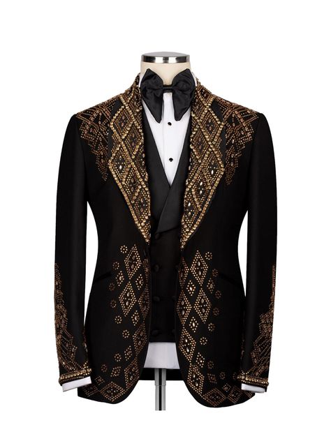 Men's Shawl Lapel Black Gold Three Piece Tuxedo – Maison Kingsley Couture Spain Black Men Suits, Custom Tuxedo, Gold Suit, Blazer Outfits Men, Pieces Men, Dress Suits For Men, Prom Suits, Tuxedo Wedding, Fashion Suits For Men