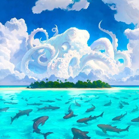 7,964 Likes, 104 Comments - Artem RHADS Chebokha (@rhads001) on Instagram: “2017 Dangerous Waters #rhads #digitalart #octopus #sky #clouds” Indie Art, Arte Fantasy, 판타지 아트, Fantasy Landscape, Painting Inspiration, Dolphins, Amazing Art, The Ocean, Digital Painting