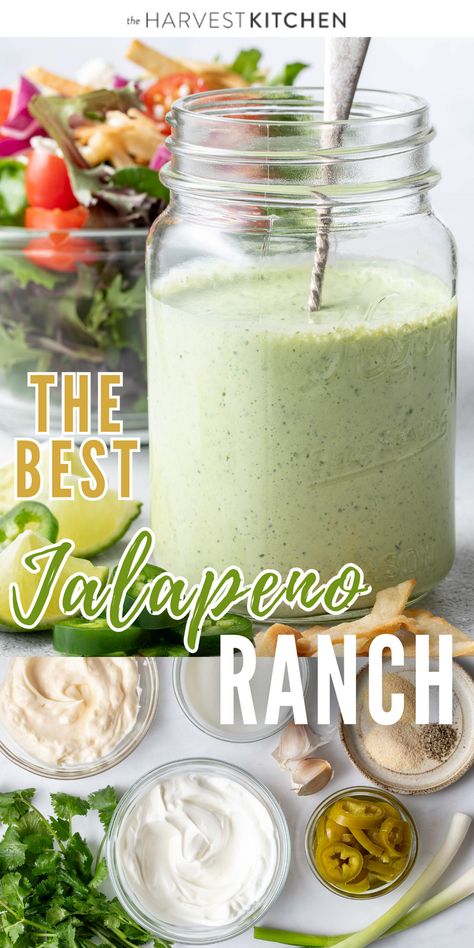 This Jalapeno Ranch Dressing recipe is a delicious ranch dressing spiced up a bit with pickled jalapenos, fresh garlic, green onion and cilantro.  If you love a good classic ranch dressing, you’ll love the taste of this jalapeno ranch dressing. Avocado Lime Ranch Dressing, Jalapeño Ranch, Jalapeno Ranch Dressing, Waldorf Salad Recipe, Soup Appetizers, Ranch Dressing Recipe, Ranch Recipe, Salad Dressing Recipes Homemade, Fish Salad