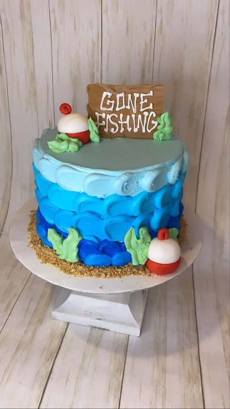 Fishing Birthday Cake, Fishing Theme Cake, Fishing Baby Shower Theme, Fish Cake Birthday, Small Birthday Cakes, Shark Themed Birthday Party, Birthday Sheet Cakes, Icing Techniques, Birthday Themes For Boys