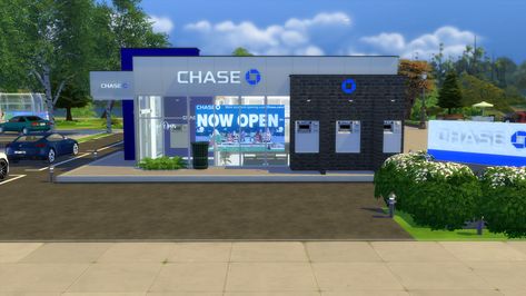 Functional Chase Bank | Gawdly Games on Patreon Sims 4 Functional Builds, Realistic Sims, Ts4 Builds, Sims 4 Restaurant, Black Simmer, Lotes The Sims 4, The Sims 4 Lots, Sims 4 House Building, Chase Bank