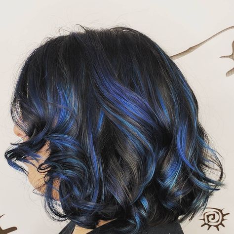 Fantasy Hair Color Highlights, Blue Streaks In Brown Hair Short, Blue Highlights In Brown Hair Short, Blue Balayage Hair Brunettes, Fantasy Hair Color Short, Mertensia Virginica, Blue Tips Hair, Blue Hair Highlights, Fantasy Hair Color