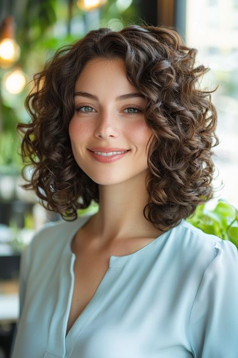 Embrace the beauty of shoulder length curly hairstyles that effortlessly blend style and sophistication. This look features soft, cascading curls that frame the face beautifully, perfect for any occasion. Whether dressing up for a night out or keeping it casual, this hairstyle offers versatility and charm. Try layering your curls for added volume and bounce, and make heads turn with your stunning locks! Shoulder Length Curly Hair With Layers Curls Medium Hairstyles, Round Curly Haircut, Medium Length Curly Hair With Layers, Shoulder Length Curly Hairstyles, Curly Hair With Layers, Above Shoulder Length Hair, Cascading Curls, Shoulder Length Curls, Shoulder Length Curly Hair