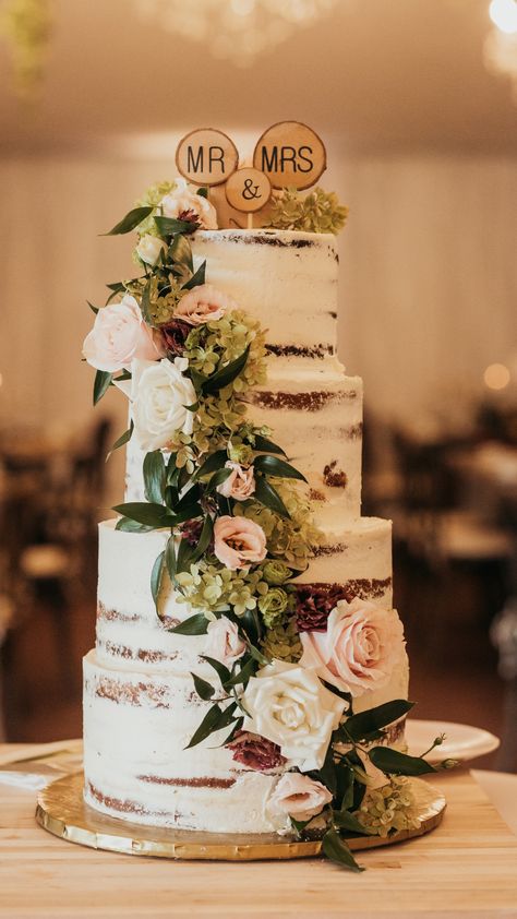 Our rustic wedding cake for our barn wedding. We used these cake toppers from #amazon. #barnwedding #rusticweddingcake #weddingcakeideas #nakedweddingcake Farm Wedding Cake, Barn Wedding Cake, Wedding Cake Layers, Small Country Weddings, Western Wedding Cakes, Barn Wedding Cakes, Teal Wedding Cake, Mr And Mrs Wedding Cake, Rustic Wedding Alter