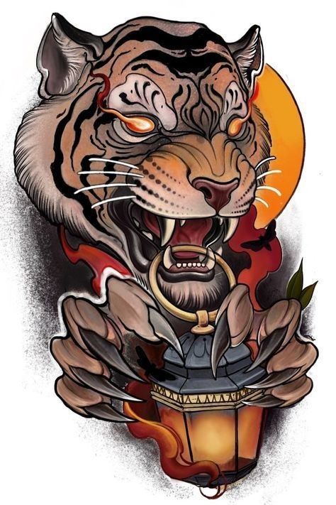 Neo Trad Tiger Tattoo, Neo Traditional Tiger Tattoo Design, New School Japanese Tattoo Designs, Neotrad Tiger, Neotraditional Tiger Tattoo, Neo Traditional Tiger, Neotraditional Tattoo Design, Neo Traditional Tattoo Design, Traditional Tiger Tattoo