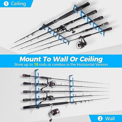 Fishing pole holder can mounts on the ceiling or wall of your garage, home, cabin, boathouse or shed. The big diamete designed allows you to store up to 10 all kinds of rods or combos in the market, and part of nets! Storing Fishing Poles In Garage, Fishing Pole Storage, Fishing Pole Holder, Fishing Rod Accessories, Fishing Rod Rack, Retail Signage, Rod Rack, Boat Storage, Woodworking Project Plans