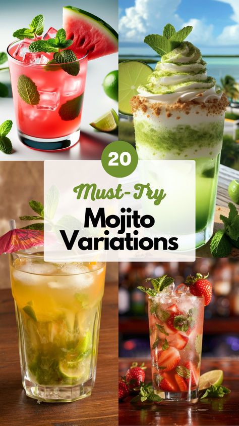 Mojito Flavors and Variations Types Of Mojitos, Flavored Mojito Recipe, Mojito Bar Drink Stations, Mojito Variations, Mojito Flavors, Mojitos Recipe, Mango Mojito Recipe, Mojito Drinks, Bacardi Mojito