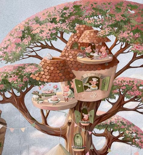 Tree House Illustration, Tree House Drawing, Houses Art, Fairy Tree Houses, Gouache Color, Cottagecore Art, Fairy Tree, House Illustration, Tree Houses