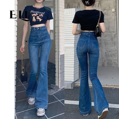 Cutbray Jeans Outfit, Jeans Outfit Korean, Flare Pants Outfits, Cutbray Jeans, Inverted Triangle Outfits, Tough Clothes, Style Flare Jeans, Flare Jeans Outfit, Outfit Korean Style