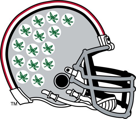 Ohio State Buckeyes Helmet Helmet (1968-Pres) - Right-facing gray football helmet with multiple Buckeye Leaf decals, gray facemask, and scarlet/white/black stripes. SportsLogos.Net Ohio State Football Helmet, Alumni Shirts, Ohio State Logo, Brutus Buckeye, Buckeye Nation, Ohio State Buckeyes Football, Helmet Logo, Buckeyes Football, Ohio State Football