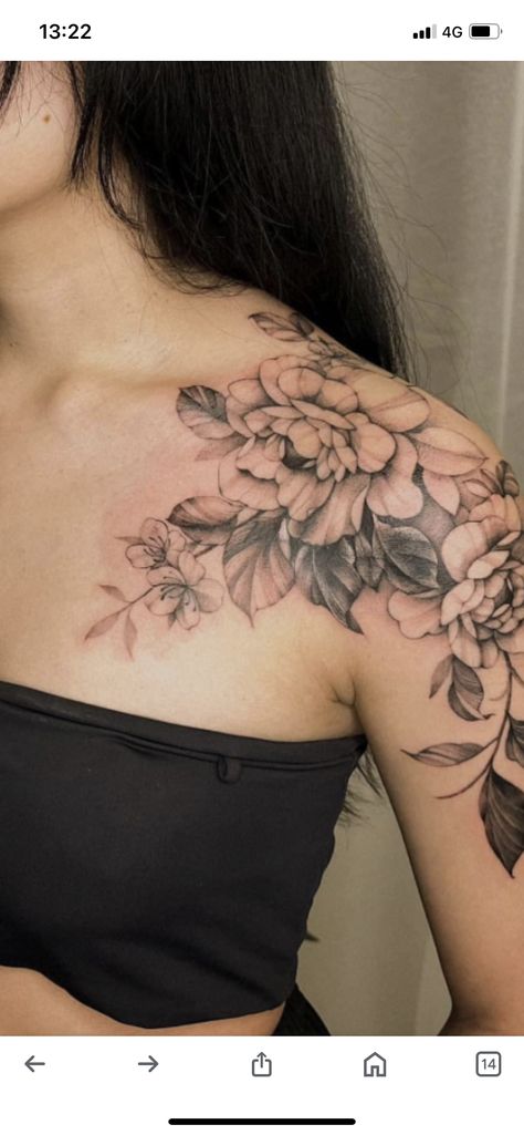 Peony Tattoo Black, Women Chest Tattoo Classy, Magnolia Tree Tattoo, Women Chest Tattoo, Butterfly Flower Tattoo, Tattoo Black And Grey, Floral Tattoo Shoulder, Peony Tattoo, Magnolia Tree