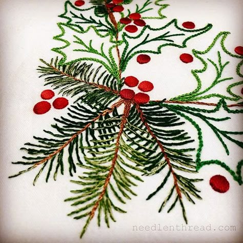 Holly & Evergreen: Details, Free Patterns, and More! – NeedlenThread.com Christmas Embroidery Patterns, Christmas Embroidery Designs, Embroidered Christmas, Embroidery Christmas, Learn Embroidery, Paper Embroidery, Japanese Embroidery, Embroidery Patterns Free, Silk Ribbon Embroidery