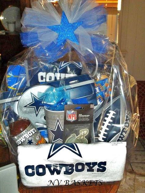 Cowboy Basket Dallas Cowboys Gift Basket, Basket Raffle, Auction Gift Basket Ideas, Fundraiser Baskets, Dallas Cowboys Gifts, Raffle Ideas, Theme Baskets, Friar Tuck, Movie Night Gift Basket