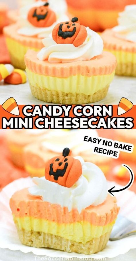 These adorable Candy Corn Mini Cheesecakes are the perfect sweet treat for a Halloween party! These adorable mini cheesecakes are layered to look like festive candy corn – with yellow, orange, and white layers. Not only are they cute, but they are easy to make too, with no baking needed! All you do is mix, layer, and chill! No Bake Candy Corn Cheesecake, Candy Corn Cheesecake, Corn Cheesecake, Candy Corn Recipe, No Bake Recipe, Golden Oreo, Chocolate Frosting Recipes, Corn Cheese, Corn Cakes