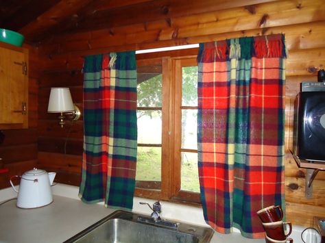 Cabin curtains, so easy to make out of wool blankets! Wool Blanket Curtains, Cabin Curtains Rustic Bedroom, Cabin Curtains Rustic Overstock, Rustic Cabin Shower Curtain, Cabin Curtains, Cabin Blanket, Cozy Cabin Bedding & Blankets, Family Cabin, Vintage Cabin