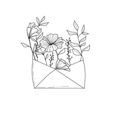 Grow where you are planted. Get floral prints here. Floral art. Floral drawing. Black and white floral art. Flowers in an envelope. Elegant floral drawings. Floral Envelope Drawing, Envelope With Flowers Tattoo, Elegant Line Art, Flower Envelope Drawing, Floral Arrangement Drawing, Envelope With Flowers Drawing, Line Art Drawings Plants, Cute Drawings Black And White, Grow Where You Are Planted