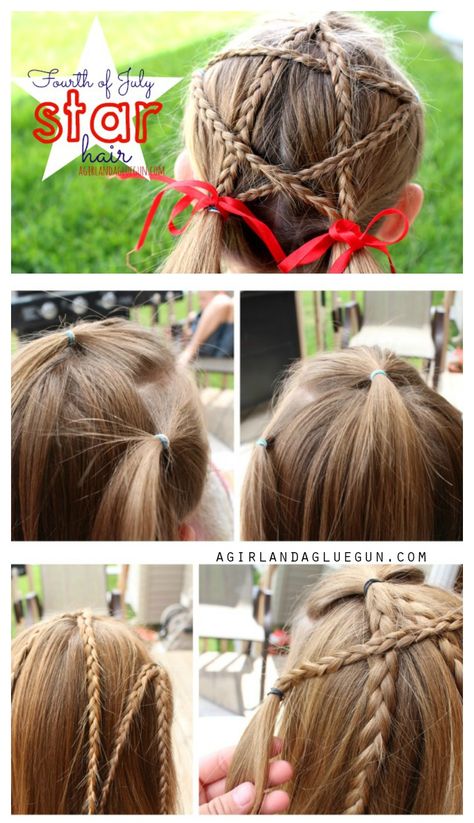 I occasionally  impress myself and others by doing my kids hair all fancy like.. very rare occasions. sometimes I impress myself that I remind them to brush their hair before we leave the house. sometimes I’m just impressed my kids are clothed.   anyways…here’s a REALLLy easy way to get festive for the fourth of … Girl Hair Dos, Star Hair, Holiday Hairstyles, Crazy Hair Days, Toddler Hair, Crazy Hair, Hair Dos, Hair Day, Kids Hairstyles