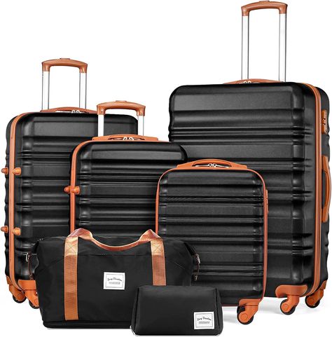 LONG VACATION Luggage Set 4 Piece Luggage Set ABS hardshell TSA Lock Spinner Wheels Luggage Carry on Suitcase (BLACK, 6 piece set) Brown Luggage, Underseat Carry On, Large Luggage, Airline Travel, Checked Luggage, Weekend Travel Bags, Carry On Suitcase, Luggage Sets, Carry On Luggage