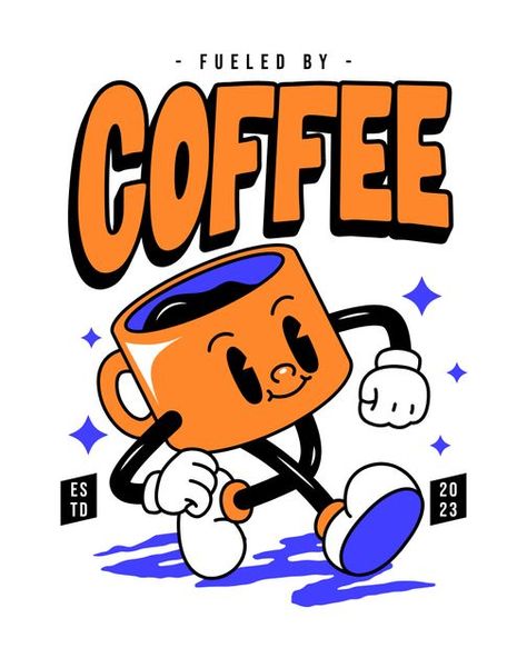 T Shirt Coffee Design, Retro Character Poster, Coffee Mascot, Retro Character Design, Coffee Chemistry, Retro Graphic Design, Retro Artwork, Design Techniques, Rubber Hose