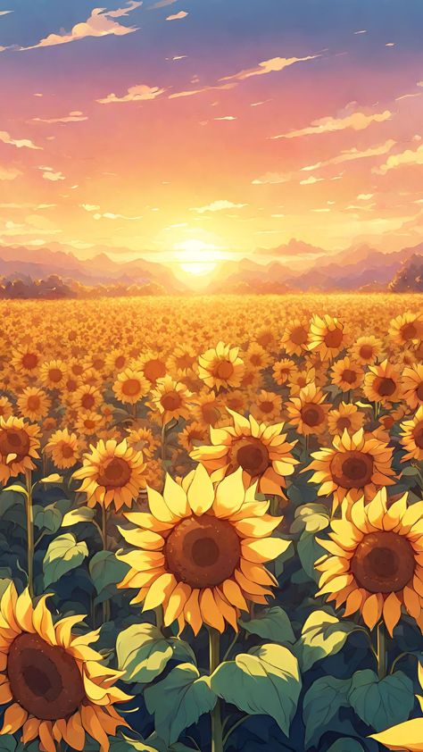 Sunny Woods Aesthetic, Sunflower Anime Aesthetic, Sunny Wallpers Aesthetic, Sunflower Background Aesthetic, Sun Flowers Aesthetic, Sunflower Illustration Art, Sunflower Scenery, Yellow Flowers Wallpaper, Sunflowers And Bees