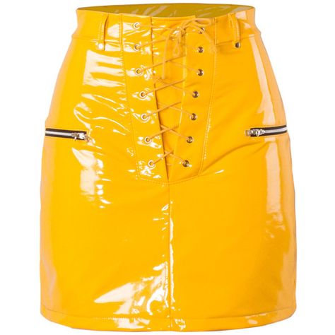 Choies Yellow High Waist Lace Up Front Leather Look Mini Skirt ($27) ❤ liked on Polyvore featuring skirts, mini skirts, faux leather skirt, high waisted faux leather skirt, yellow mini skirt, short skirts and high waisted mini skirt Mustard Skirt, Shiny Skirts, Yellow Mini Skirt, Pu Skirt, Rok Mini, Pu Leather Skirt, Look Retro, Yellow Skirt, Faux Leather Skirt