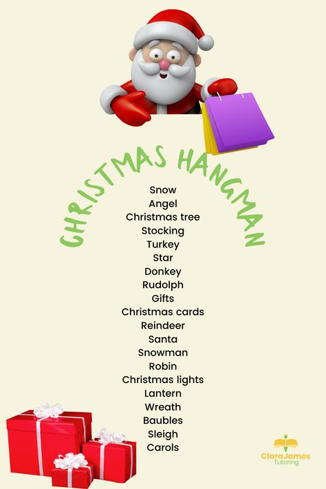 Christmas Hangman Game, Christmas Drawing Game, Christmas Word Games, Hangman Words, Substitute Ideas, Hangman Game, Speaking Games, 4 H Club, English Ideas