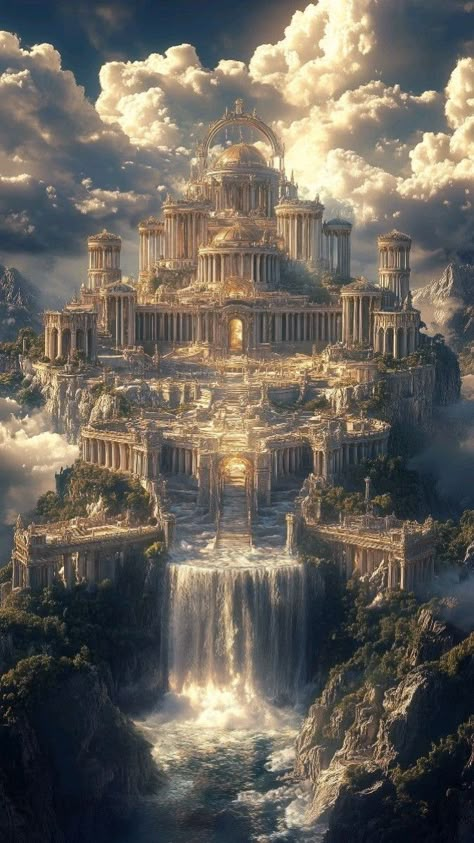 Volcano Castle, Fantasy Palace Art, Tall Architecture, Fairy Architecture, Kingdom Concept Art, Castle On A Cliff, Heaven City, Castle Waterfall, Waterfall Castle