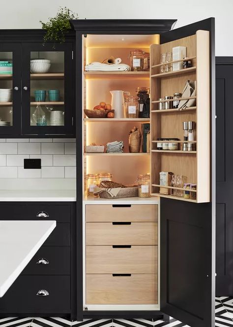 Michaela, Kevin and their Suffolk kitchen | Neptune Kitchen Larder Cupboard, Unfitted Kitchen, Kitchen Larder, Larder Cupboard, Pantry Cupboard, Contemporary Color Palette, Pantry Shelving, Pantry Shelf, Family Kitchen