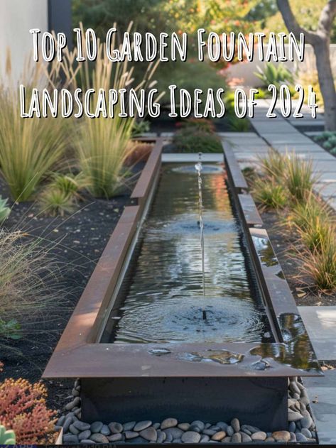 Modern garden fountain with stylish landscaping, showcasing the top landscaping ideas for garden fountains in 2024. Front Yard Landscaping Water Feature, Fountain Design Modern, Fountain Landscaping Ideas, Water Fountain Ideas, Landscaping Water Feature, Fountain Ideas, Outdoor Fountains, Home Gardens, Fountain Design