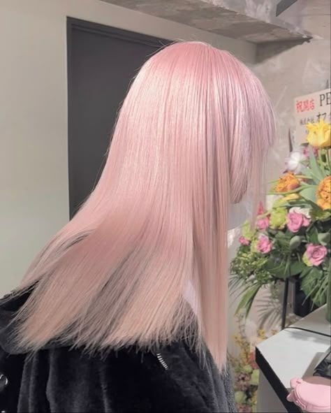 Soft Pink Hair Dye, Pink Ashy Hair, Pearly Pink Hair, Milky Pink Hair Color, White Pink Hair Color, Ice Pink Hair, Long Pink Hair With Bangs, Light Pink Hair Short, Milk Pink Hair