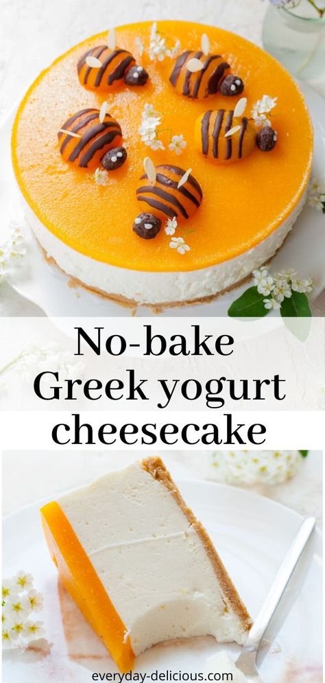 Light and refreshing no-bake Greek yogurt cheesecake with apricot mousse on top. #nobakecheesecake #nobakedesserts Yoghurt Cheesecake No Bake, Apricot Mousse, Greek Yogurt Cheesecake, Yogurt Cheesecake, Greek Yogurt Cake, Yogurt Mousse, Lighter Recipes, Yogurt Dessert, Healthy Cheesecake