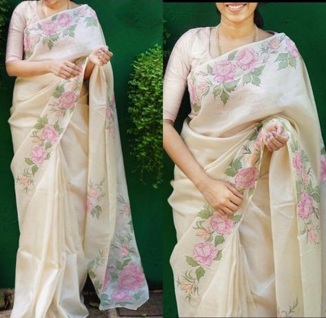 Saree Painting Designs, Saree Painting, Saree Floral, Floral Saree, Hand Painted Dress, Organza Silk Saree, Hand Painted Sarees, Organza Sarees, Elegant Saree