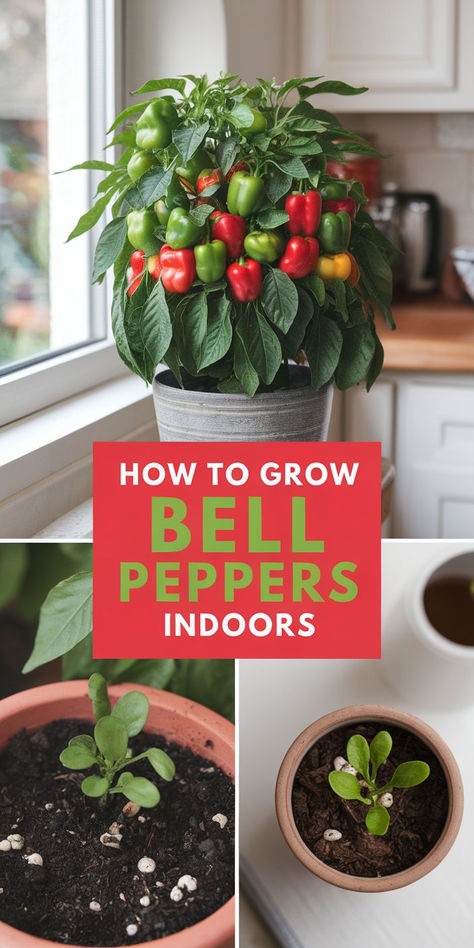 A healthy indoor bell pepper plant growing in a sunny windowsill, surrounded by gardening tools. Grow Veggies Indoors, Foods You Can Grow Indoors, Growing Bell Peppers Indoors, Vegetables You Can Grow Indoors, Bell Pepper Growing Tips, Grow Peppers Indoors, Indoor Planting Vegetables, Indoor Pepper Plant, Food You Can Grow Indoors