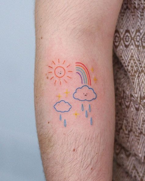 Rainbow, Sun And Clouds Tattoo Sunshine Rainbow Tattoo, Cloud Rainbow Tattoo, Sun And Rainbow Tattoo, Storm Rainbow Tattoo, Sun Cloud Rainbow Tattoo, Rainbow Tattoo, Bridge Tattoo, Balance Tattoo, Mountain Tattoo Design