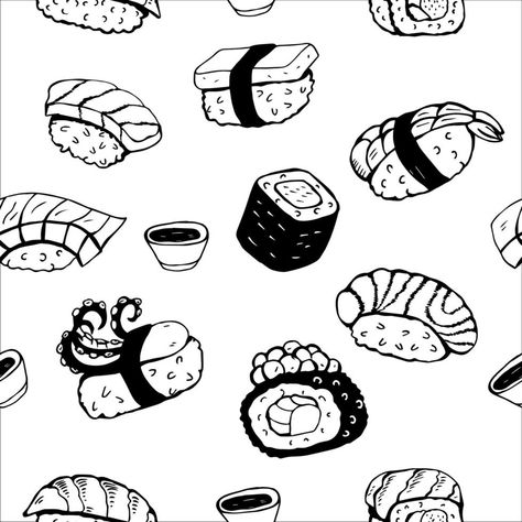 Sushi Black And White, Sushi Roll Tattoo, Japanese Sushi, Matching Tattoo, Makeup Tattoos, Hot Tattoos, Black And White Pattern, Pattern Vector, Black Tattoos